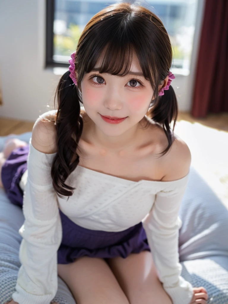 (Realistic painting style:0.9), masterpiece, highest quality,  Absurd, View Viewer, alone, Stingy (Lantern Ceremony) (Genshin Impact), Stingy (Genshin Impact), Hair Bun, skirt, scarf, purple sweater, white skirt, Purple Hair, sweater, Twin tails, Purple eyes, Diamond-shaped pupils, hair ornaments, Exposing shoulders, smile, chest, cone Hair Bun, Long Hair, belt, Double good, Long sleeve, bangs, bow, Hair Flowers, hair bow,ribbon, hair ribbon, Braiding, Plaid scarf, Plaid, Off the shoulder