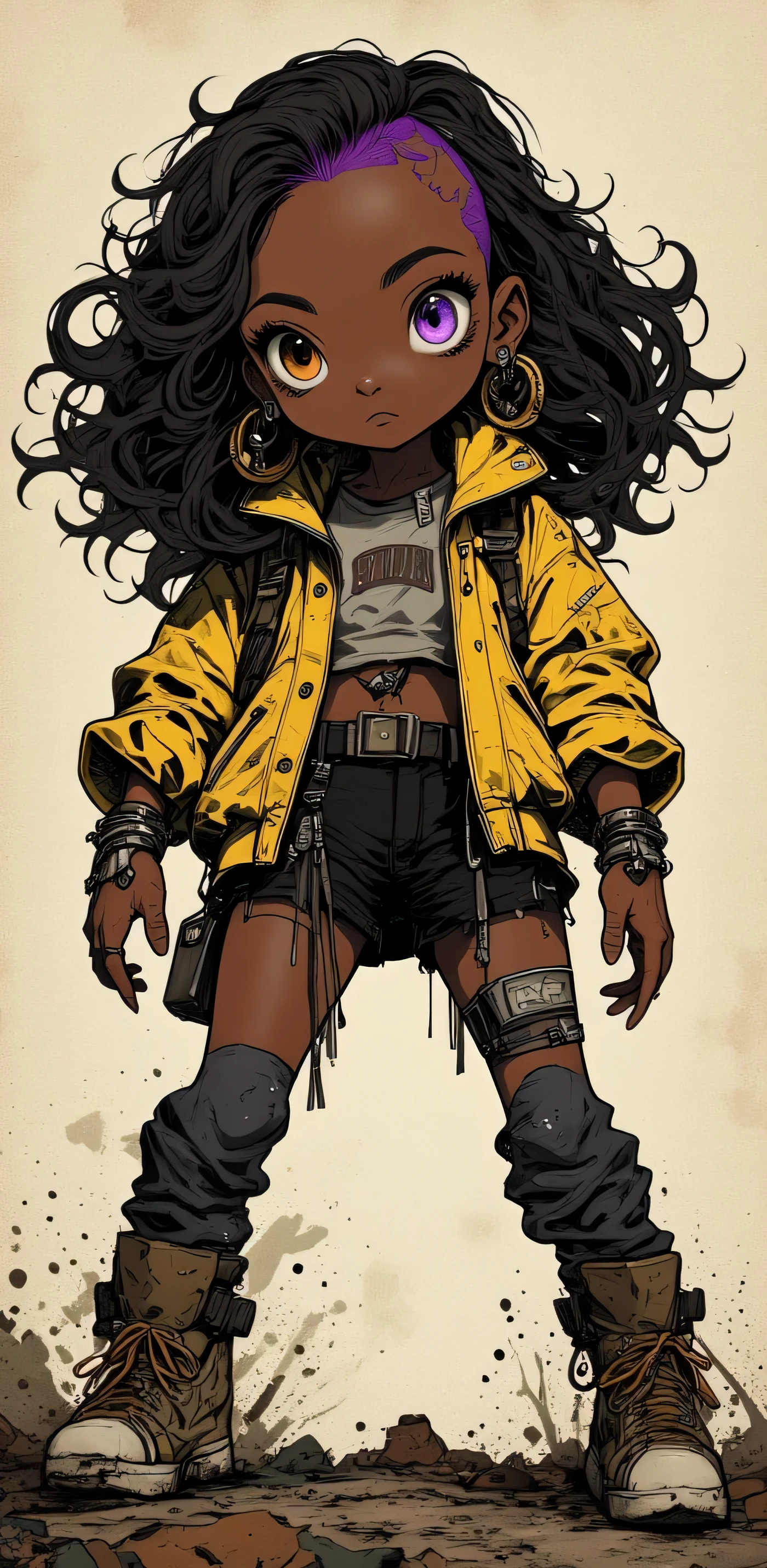(half-body-shot:1), (highly detailed:1.2), (detailed background:1.2), ((big breasts, shortstack girl, heterochromia, different colored eyes)), score_9, score_8_up, score_7_up, (masterpiece, best quality, apocalyptic aesthetic), cartoon drawing of a dark-skinned girl with shoulder-length black curly hair with dark purple highlights, half-shaved side, wearing a yellow jacket, smiling, angel dust heterochromia (left eye has black sclera and dark orange pupil, right eye is pale purple), silver and gold ear piercings, dressed in crustpunk clothing, full body adoptable design, deviant adoptable, half-body portrait of a short girl, dnd character, super cute funky black girl, stylish outfit, trending on Artstation, cute art style, stunning art style, cute detailed artwork, cartoon artstyle, striking detailed artstyle, beautiful detailed digital art, cartoon style illustration, illustration style