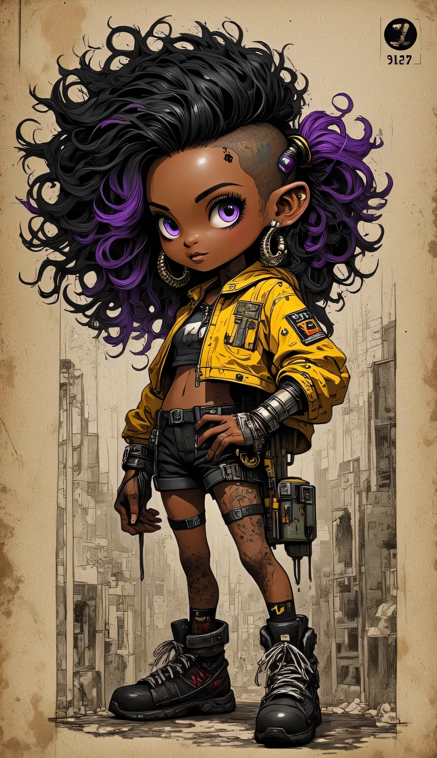 (half-body-shot:1), (highly detailed:1.2), (detailed background:1.2), ((big breasts, shortstack girl, heterochromia, different colored eyes)), score_9, score_8_up, score_7_up, (masterpiece, best quality, apocalyptic aesthetic), cartoon drawing of a dark-skinned girl with shoulder-length black curly hair with dark purple highlights, half-shaved side, wearing a yellow jacket, smiling, angel dust heterochromia (left eye has black sclera and dark orange pupil, right eye is pale purple), silver and gold ear piercings, dressed in crustpunk clothing, full body adoptable design, deviant adoptable, half-body portrait of a short girl, dnd character, super cute funky black girl, stylish outfit, trending on Artstation, cute art style, stunning art style, cute detailed artwork, cartoon artstyle, striking detailed artstyle, beautiful detailed digital art, cartoon style illustration, illustration style