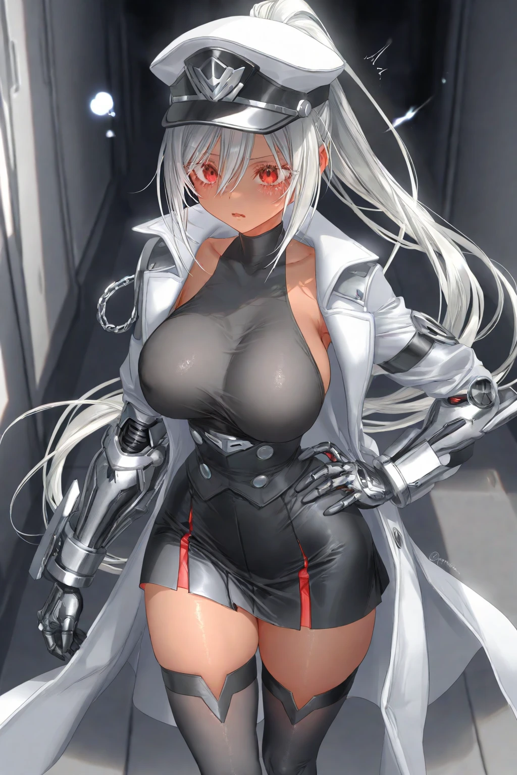 agirl, anime girl, mature woman, silver hair, hairpin, (silver latex set), opai cyberpunk, silver cyberpunk set, silver full body set, silver web set, silver cyberpunk glossy latex set, ((silver long coat)), ((half-faced ghost mask)), (night background, outdoor, cyberpunk building rooftop), cyberpunk, cyberpunk, (beautiful eyes, sharp eyes, cold face, full body), (high level of detail), perfect proportions, (big breasts), big ass