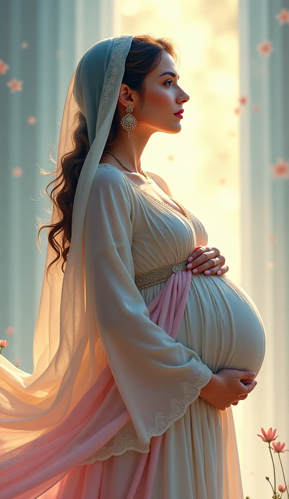 Beautiful pregnant queen, brown hair, blue eyes, ornate white dress with gold details,