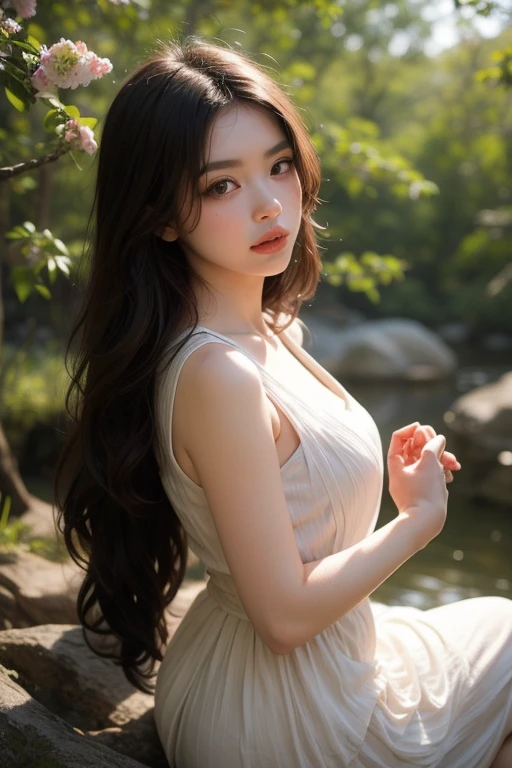 Best quality,masterpiece,ultra high res,(photorealistic:1.4),Detailed face, 1girl,solo,cleavage,full body,Beautiful girl,upper body,sheath,architecture, bush,day,dress,forest,fountain,garden,grass,long_hair,moss,nature,outdoors,overgrown,path,plant,road,scenery,stairs,star_\(sky\),tree,very_long_hair,((no humans)),