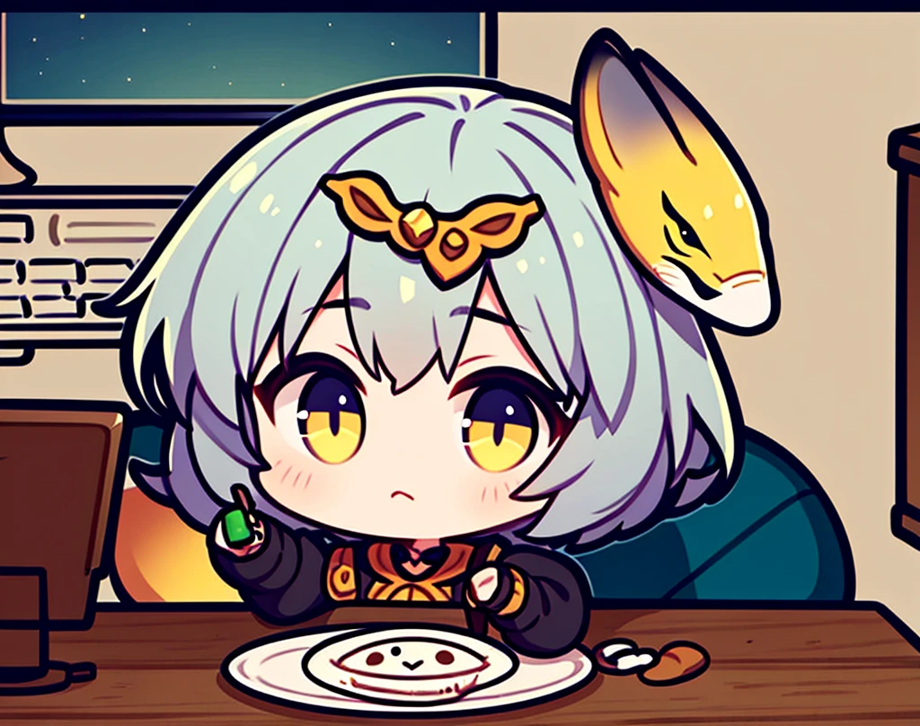 (masterpiece,best quality,very aesthetic),super-fine illustration,high saturation,BREAK,solo,1girl,(acrylic stand,chibi,1girl chibi Character of acrylic stand:1.4),30 years old,curvy,large breasts,tall,stout build,bewitching,(fox tail),blonde fox ears,short hair,blonde hair,beautiful face,(brown eyes),(half closed eyes:0.5),(messy hair),disheveled hair,hair intakes,(dark green kimono,pelvic curtain:1.2),light smile,sitting,drunk,comfortable,drinking,japanese sake bottle,tabi,(scar on cheek,scar on breasts:1.2),sideways glance