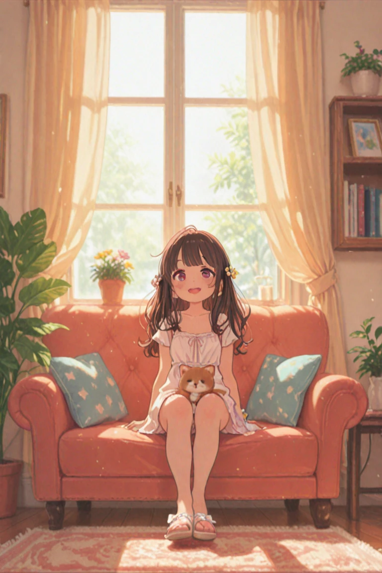 {{{Masterpiece, highest quality, high resolution background}}}, bright and beautiful atmosphere, 1 girl (7 years old, round face, baby face), small breasts, on the sofa in the living room, cute casual clothes, holding a big teddy bear A girl sitting on a sofa, "deltamon_sdXL :0.73) >Deltamon"