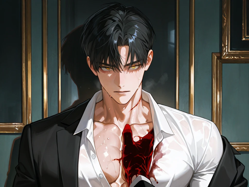 "Short black hair, blood-red eyes, pure black wings, clean-shaven. Tall, commanding male figure resembling a CEO. Sophisticated attire exuding authority."