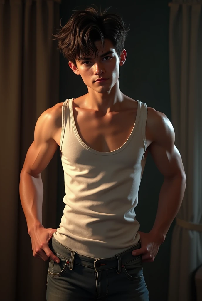 Man in black tank top tall and fit, with short black hair, while sexy modeling, in different places, in different positions.