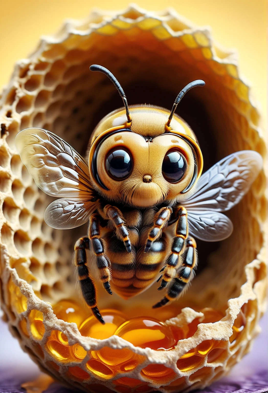zhibi, a joyful bee hatchling with big chibi eyes sitting inside its freshly cracked open honeycomb egg, dripping honey, cute, surreal, dreamy, otherworldy, vivid lighting, high contrast, highly detailed background, lazypos