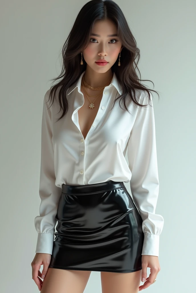 heavy  makeups，Thick Opaque Pantyhose，8K，Long-legged bangs，A skirt that wraps around the hips，Thin is sexy，on a sofa，Wavy hair，mature，tightshortsleeve，rays of sunshine，ear studs