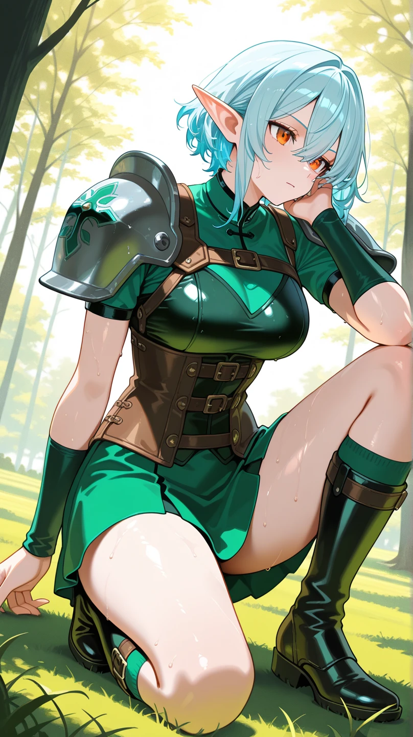 4k,High resolution,One Woman,Green Hair,Short Ponytail,Blue Eyes,Big Breasts,knight,White high leg leotard armor,Bite,Full Armor,Heavy Armor,White shoes,White gloves,Crystal Sword,in the forest