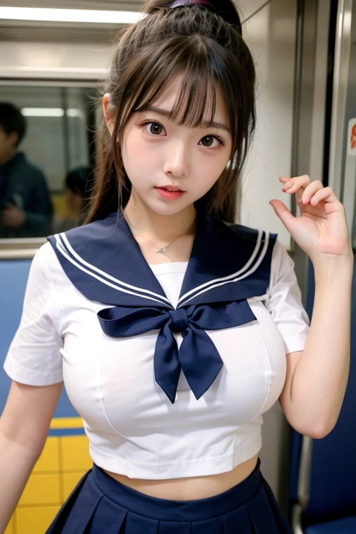 ((top-quality、8K、masterpiece:1.3))、1girl in、Beautiful woman Standing in the house:1.3、(short bob hair、Colossal tits:1.4)、(sailor collared school uniform:1.5)、Super delicate face、Delicat eyes、double eyelid、Close-up of upper body from below, bloom, natural light