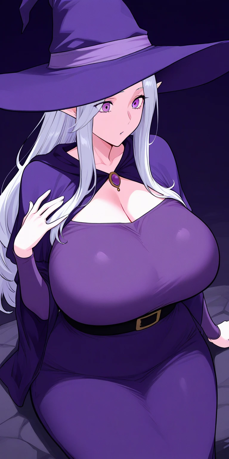 (masterpiece, best quality, ultra high res, beautiful detailed hair detailed face, perfect feminine face), 1girl, solo, (purple skin), colored sclera, white sclera, purple lips, white hair, (gigantic breasts:1.2), huge cleavage, jewelry, (bare shoulder), in dark purple evening gown wearing, lace, frills, detached sleeves, bodypaint, (grinning)
