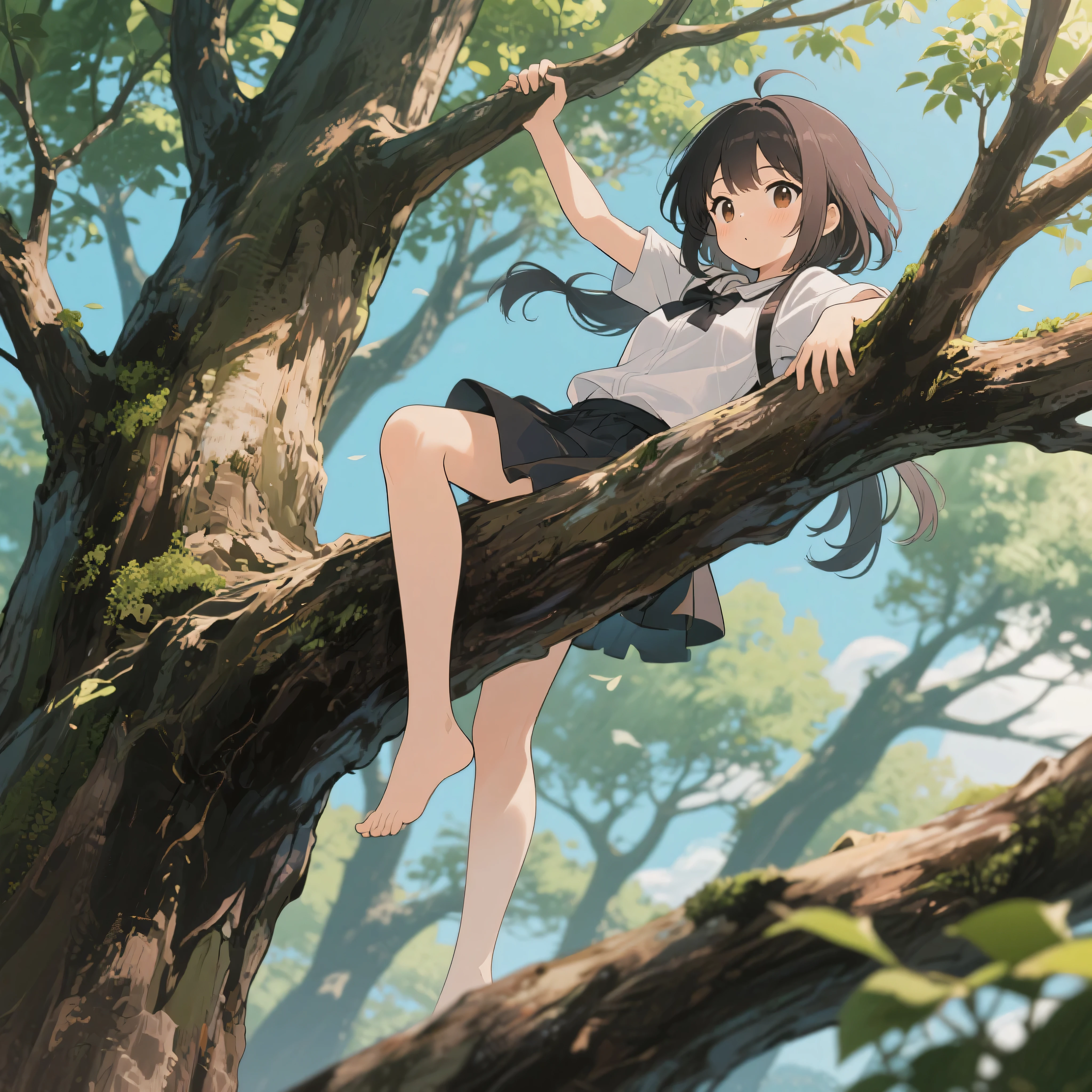 girl,ln the forest,sit on a branch,soles of feet,pretty feet,