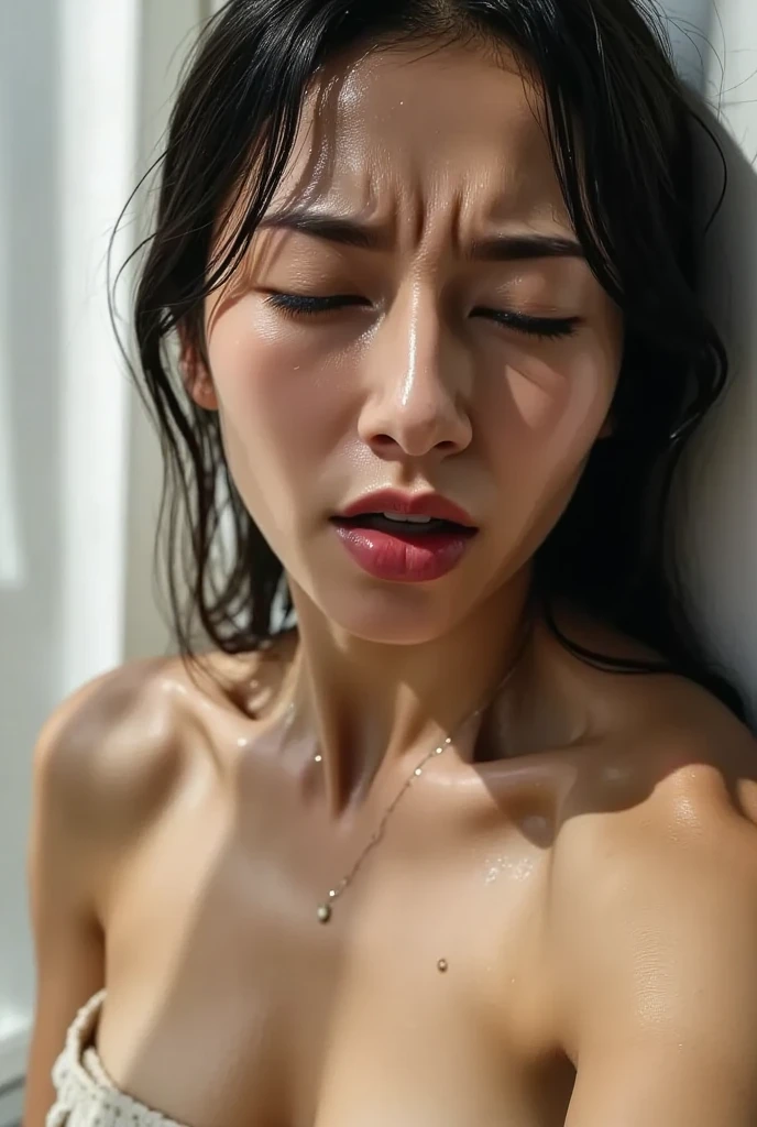 Best image quality, Excellent details, Ultra-high resolution, (realism: 1.2), ((drowned Shot:1.2)), Best illustrations, Favorite Details, A young asian Idols woman and very condensed woman, 19 years old, Beautiful and delicate facial features, Perfect Proportions, ((From up)),((((Lie on your back on the ground, Close ~ eyes,defeat)))),Perfect Breasts, Chubby:0.4, ((A swollen belly like perfect body woman)),((I like Starbucks suits, red mech)), The background is a mountain area, (wet shot:0.4).