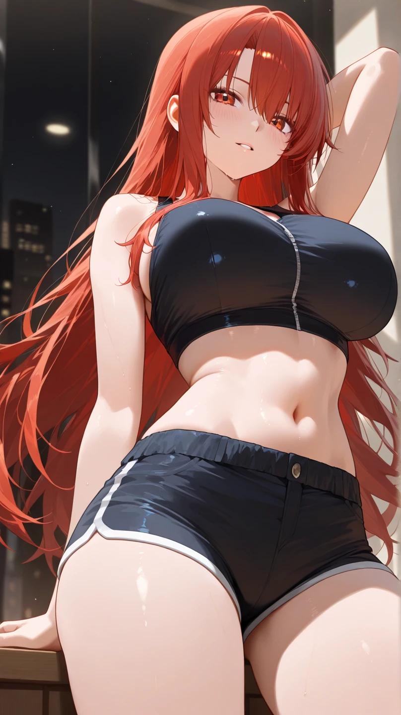 Masterpiece, Best Quality, Beautiful Girl, Beautiful Face, Sea, Red Hair, Ponytail, Dark Skin, Sleeveless, Shorts, Abs, Big Breasts,