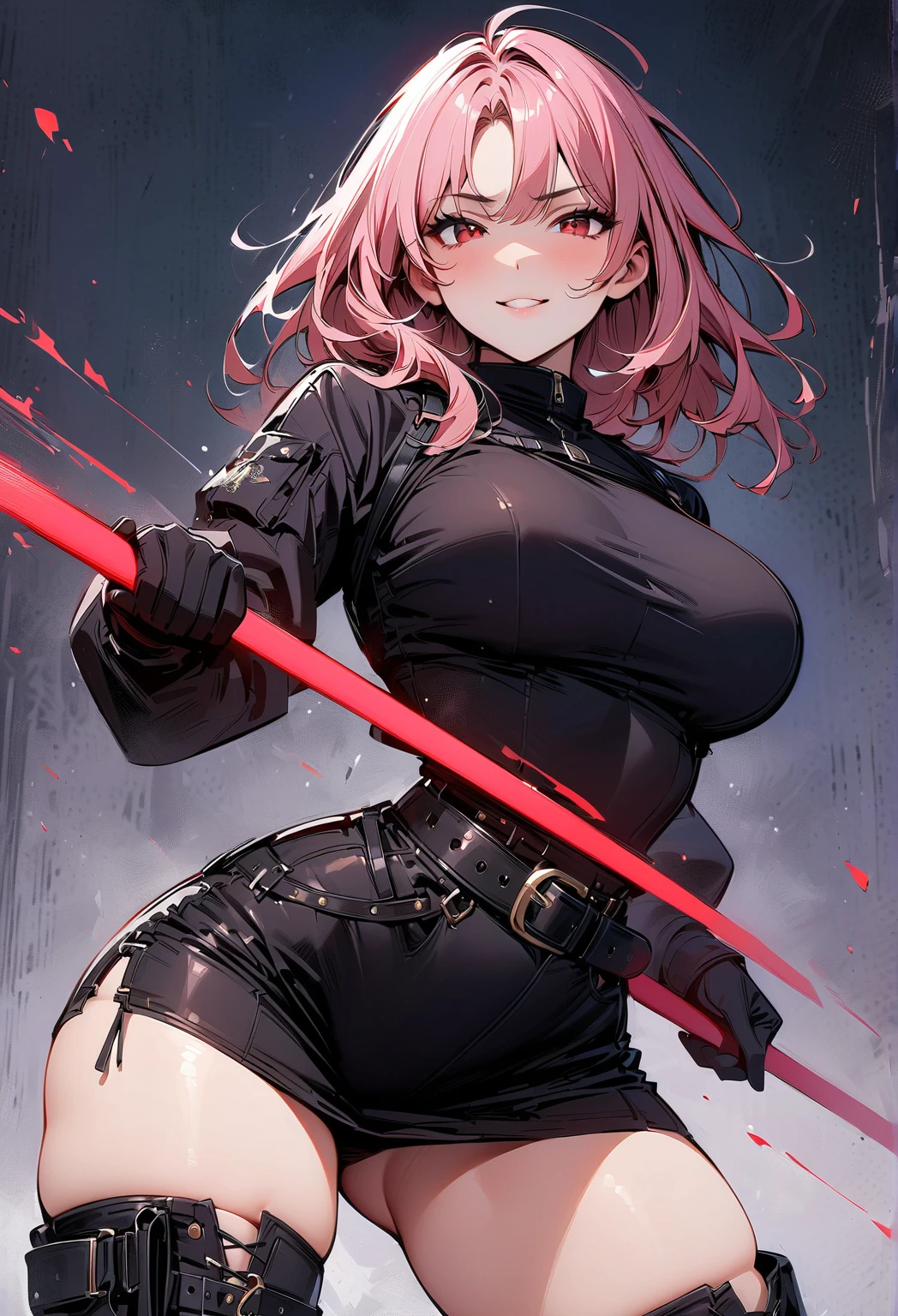 high-level image quality、top-quality、Detailed drawing、Does not blush cheeks、Slender beauty、full body Esbian、Docile、ninjartist、Kunoichi、Suku Swimsuit、Small eyes、Smaller chest、Contrasty、ultra-short hair of pink color、Bery short hair、Holding a kunai in both hands、Battle Scene Pose、fighting poses、Holding a sword in both hands、With mask、Cladding、nightcity