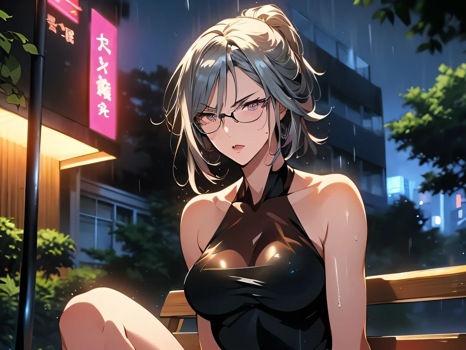 nsfw、animation、Highest image quality、high resolution、highest masterpiece、one woman、(((Sitting with her upper body raised)))、(((The moment I take off my glasses)))、silver hair、long hair、ponytail、((( remove the glasses)))、(((pink eyes)))、small breasts、(((slim figure)))、Light blue short dress、(((SEE-THROUGH DRESSES)))、(((tight miniskirt)))、sleeveless、(((my chest is transparent)))、angry amidst enemies、I'm biting my lip、(((heavy rain)))、wind、hair is wet、dark park bench、City Night、My face is wet、late at night in the park