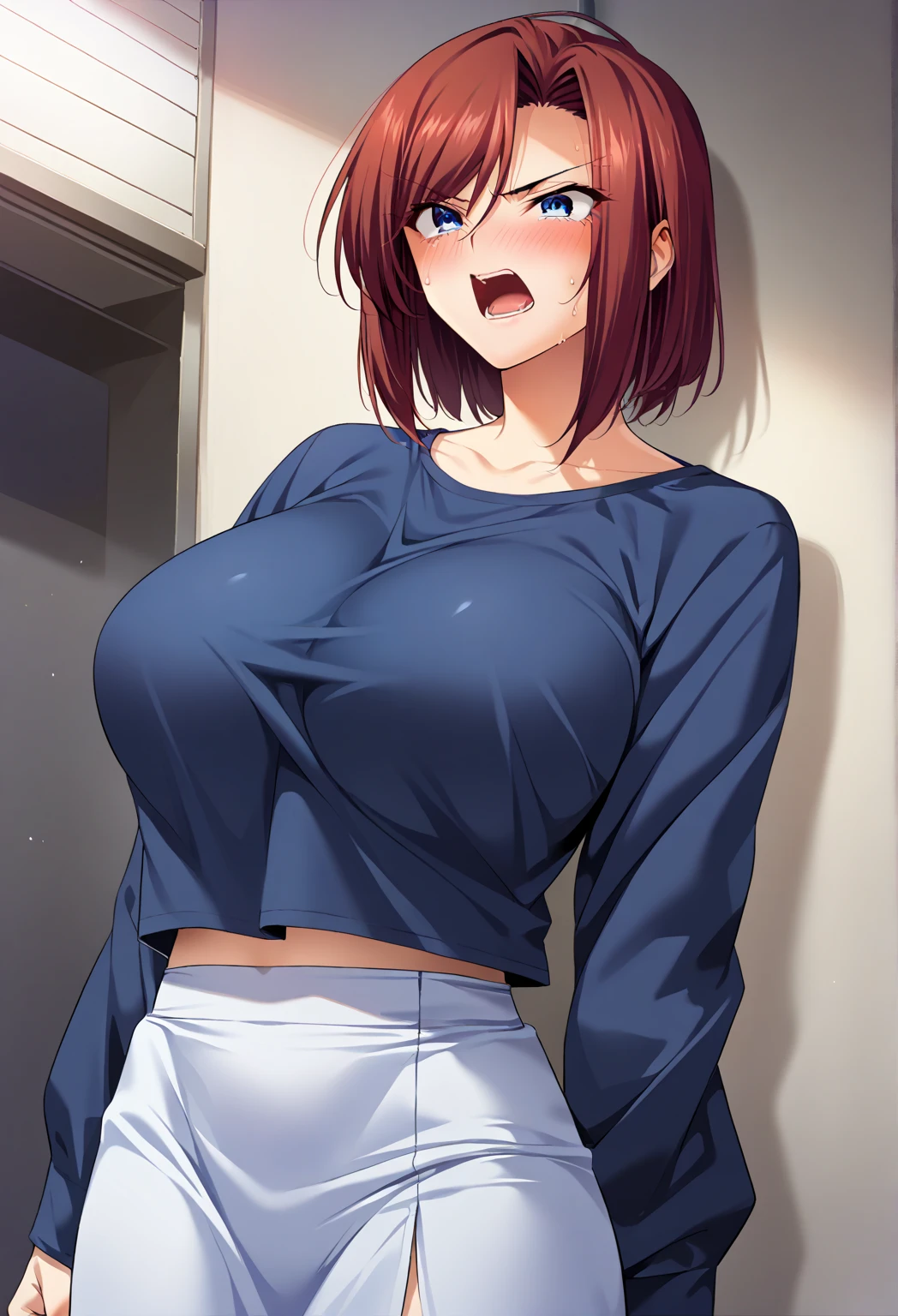 (masterpiece, best quality, ultra-detailed, high resolution, detailed eyes), takeda hiromitsu style, 1woman(40 years old), large breasts, voluptuous body, cowboy shot, standing, casual clothes