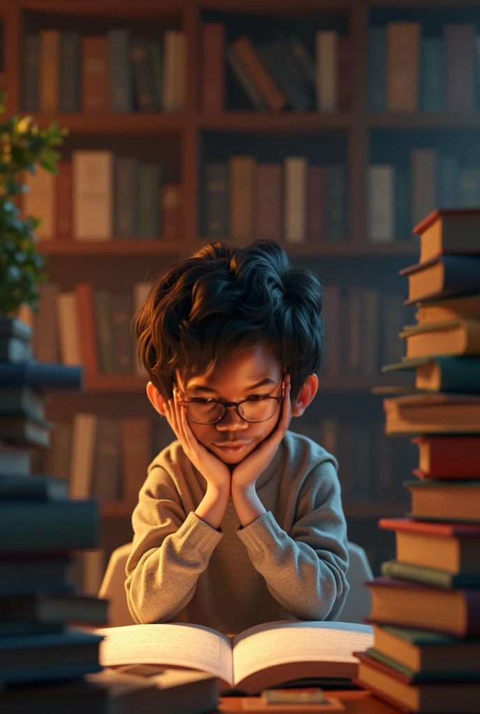 A boy read the books on the restaurant
