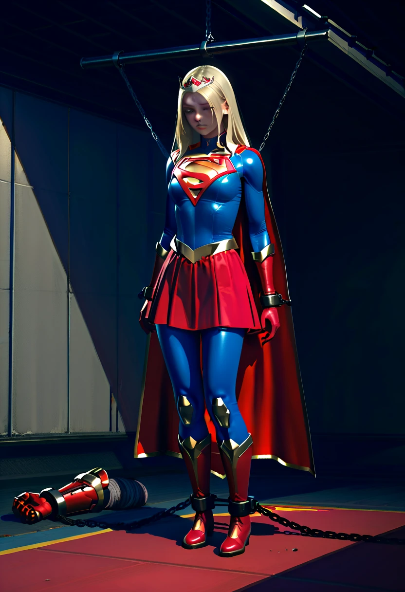 top quality, masterpiece, 8K, raw photo, photorealistic, best aesthetic, finely detailed, ultra high res, correct anatomy, pov, ((indoor, subzero temperature:1.3)), ((freezing chamber:1.4)), ((from front view:1.5)), bdsm, 1 girl, (supergirl, caucasian:1.5), (cowboy shot:1.4), looking at viewer, detailed skin, blue eyes, fairly detailed eyes, tall nose, highly detailed face, (upset:1.2), ((chain bondage, restrained, arms behind back:1.5)), (slender:1.4), (beautiful breast:1.3), ((frozen body:1.5)), (arms and breast bound with chains, legs bound with chains, tight bondage with chains:1.5)