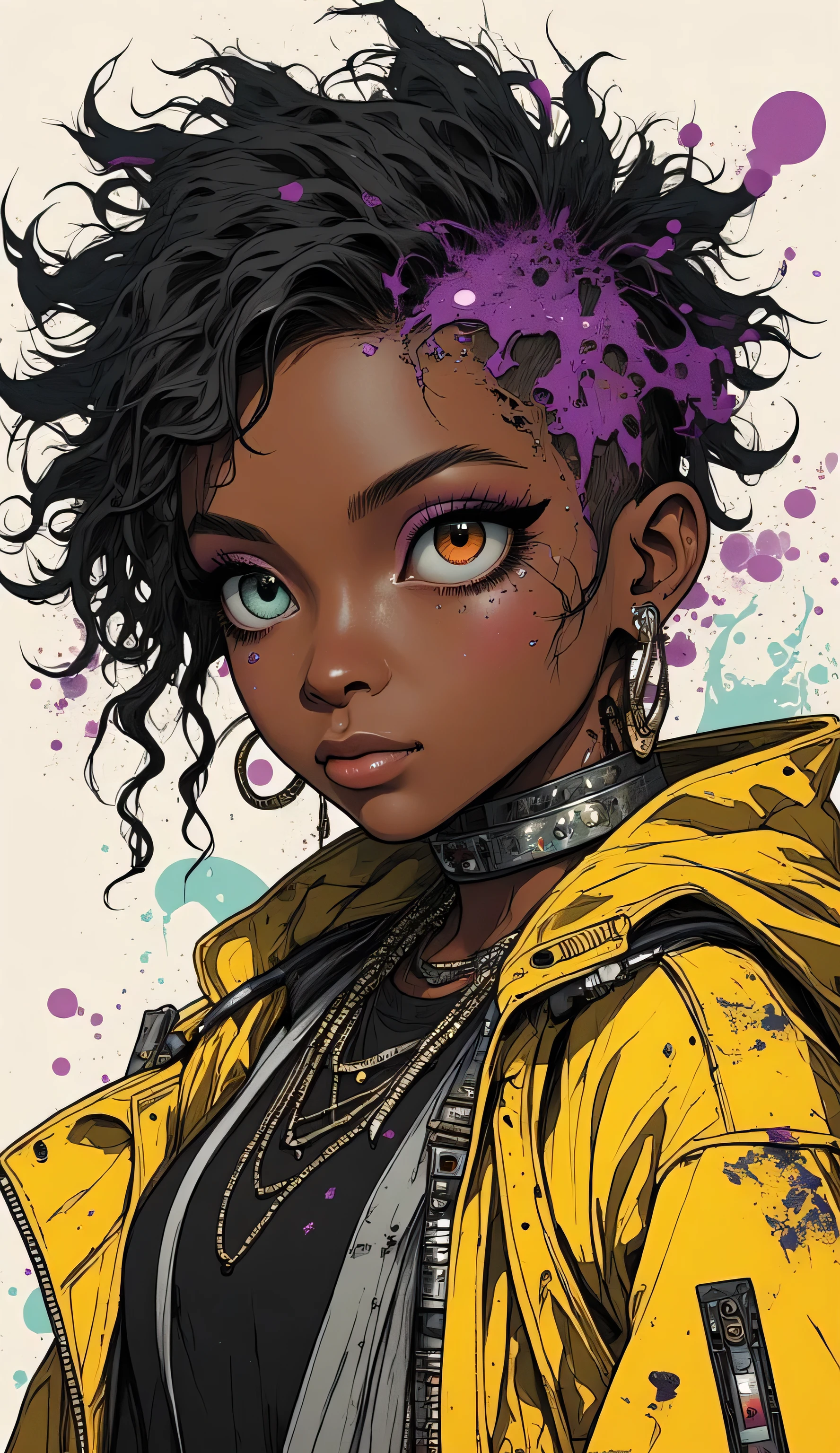 (half-body-shot:1), (highly detailed:1.2),(detailed background:1.2),((big breasts, shortstack girl, heterochromia, different colored eyes), score_9, score_8_up, score_7_up, (masterpiece, best quality, apocalyptic aesthetic), cartoon drawing of a dark skinned girl with half shaved curly hair and a yellow jacket, character adoptable, black hair, dark purple highlights,smiling, angel dust heterochromia, her left eye has black sclera with dark orange pupil, her right eye is pale purple, full body adoptable, silver and gold ear piercings, deviant adoptable, half body portrait of a short!, dnd character, shortstack wearing stylish clothes, dressed in crustpunk clothing, super cute funky black girl, trending on artstration, cute art style, stunning art style, cute detailed artwork, cartoon artstyle, striking detailed artstyle, cute detailed digital art, beautiful artwork, cartoon style illustration, illustration style
(foto meio corpo:1), (altamente detalhado:1.2),(fundo detalhado:1.2),((seios grandes, garota baixinha, heterocromia, olhos de cores diferentes), pontuação_9, pontuação_8_acima, pontuação_7_acima, (mestra, Melhor qualidade, estética apocalíptica), desenho animado de uma garota de pele escura com metade do cabelo crespo raspado e uma jaqueta amarela, personagem adotável, cabelo preto, destaques roxos escuros,sorrindo, angel dust heterocromia, her left eye has black sclera with dark orange pacimail, seu olho direito é roxo pálido, adotável de corpo inteiro, brincos de prata e ouro, Adotável desviante, retrato de meio corpo de uma garota baixa!, personagem dnd, garota baixinha usando roupas estilosas, vestida com roupas crustpunk, sacimaer cute funky black girl, tendência em arte, estilo de arte fofa, estilo de arte impressionante, arte detalhada fofa, cartoon artstyle, estilo artístico detalhado impressionante, arte digital detalhada fofa, bela arte, ilustração no estilo desenho animado, Estilo de ilustração