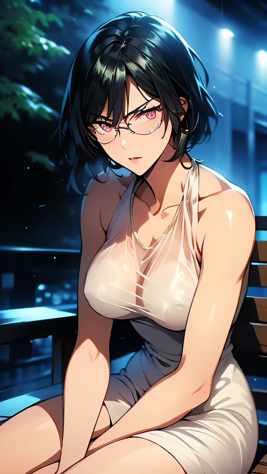 nsfw、animation、Highest image quality、high resolution、highest masterpiece、one woman、(((Sitting with her upper body raised)))、(((The moment I take off my glasses)))、silver hair、long hair、ponytail、((( remove the glasses)))、(((pink eyes)))、small breasts、(((slim figure)))、Light blue short dress、(((SEE-THROUGH DRESSES)))、(((tight miniskirt)))、sleeveless、(((my chest is transparent)))、angry amidst enemies、I'm biting my lip、(((heavy rain)))、wind、hair is wet、dark park bench、City Night、My face is wet、late at night in the park