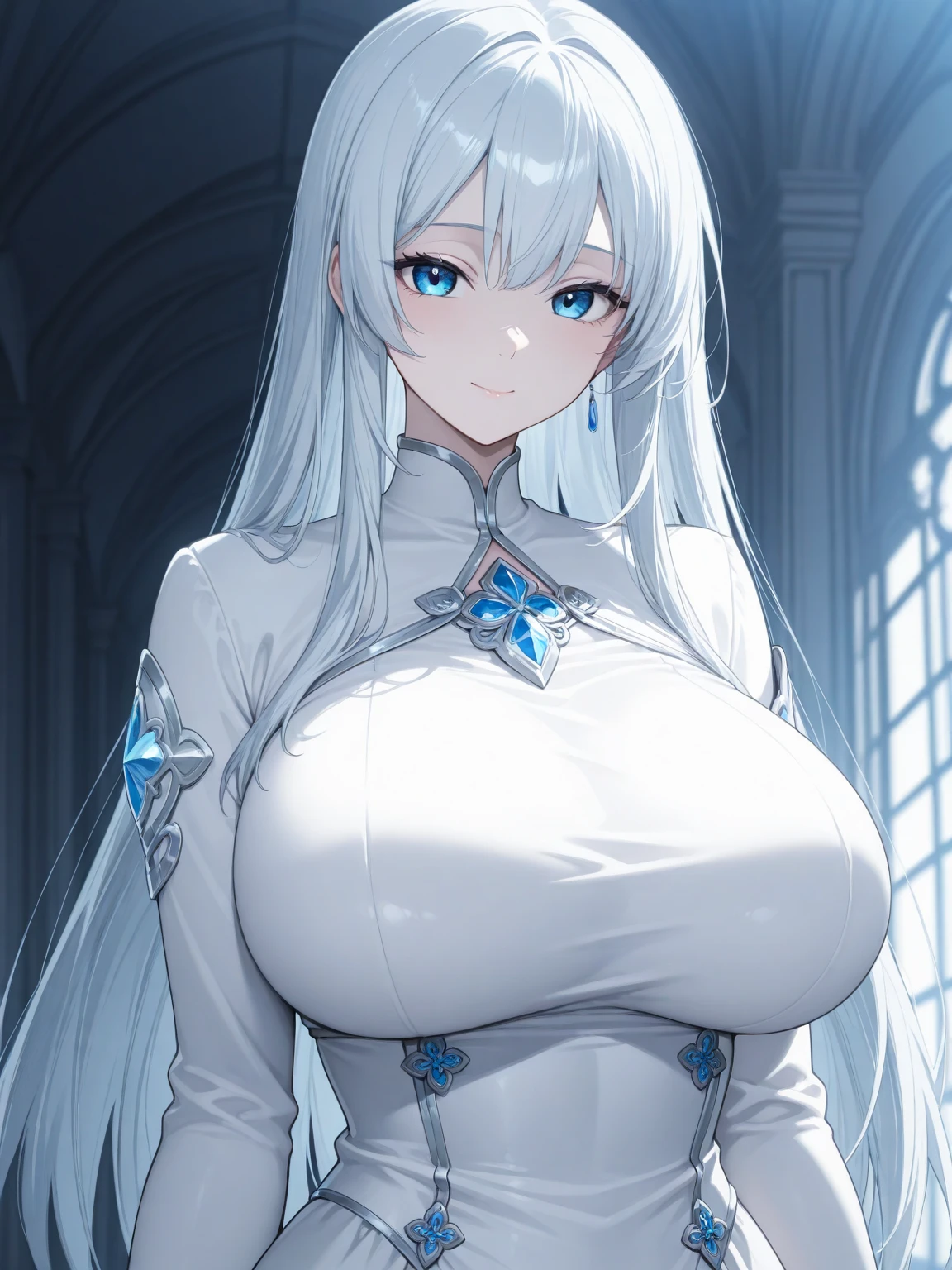 (((1 woman))), ((detailed blue eyes)), ((long silver hair)), large breasts, perfectly drawn body, seductive smile, white dress, adorned with blue roses, magical, best quality, masterpiece, ultra-detailed