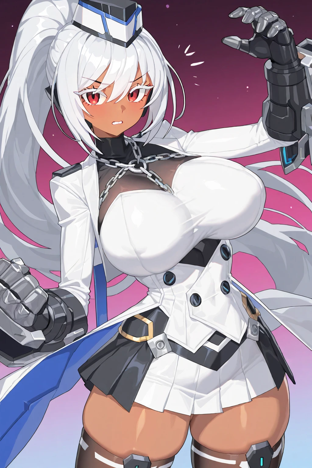 1girl, dark-skin, dark-skinned female, white hair, long hair, black leotard, white trim, large breasts, thick thighs, belt, thighhighs, pantyhose, knife, mature female, milf, toned, tall, shoulder armor, sleeves, long sleeves, gloves, elbow gloves, neon, neon trim, neon lights, futuristic, science-fiction, tech, machinery