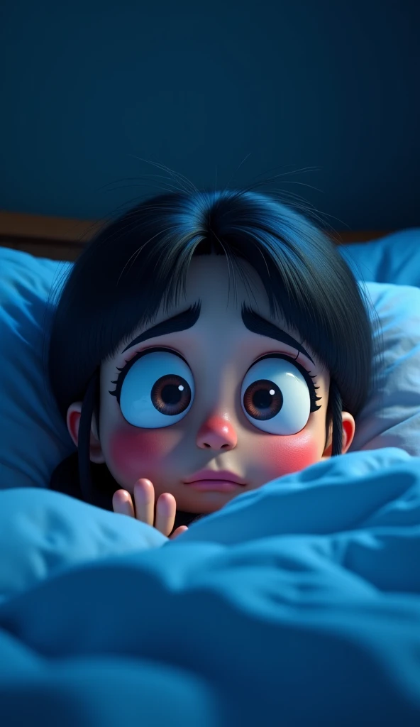 Sentence: "One night, while everyone was asleep, Ayesha heard faint whispers coming from the shadows in her room."Prompt: A dark bedroom at night, with Ayesha lying awake in bed, eyes wide with fear. Faint whispers emanate from the dark corners of the room, with shadows subtly moving.3D animated cartoon