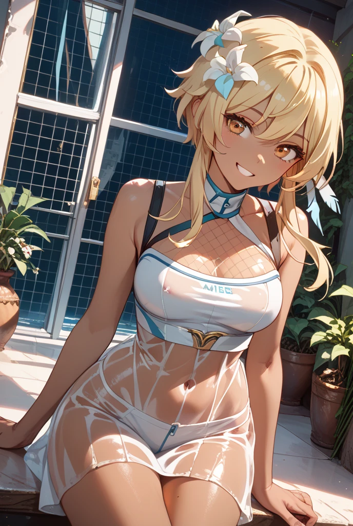(Naked: 1.4), (See-Through Lingerie: 1.3), (Blushing:1.4),(No Bra, No Panty, completely naked), Smile, Cowboy Shot, ((A Cup)), Full Body, Underwear