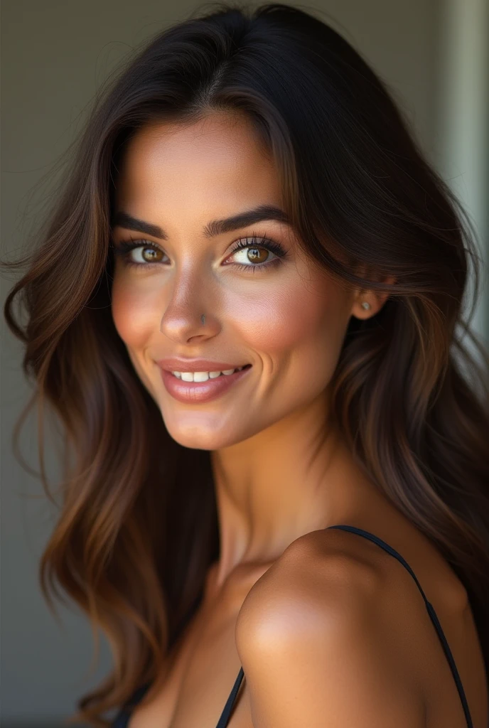 a beautiful woman of thick build, light brown eyes, wavy brown hair, posing with the view towards the camera, with an expression of flirtation and sensuality, the photo as natural as possible