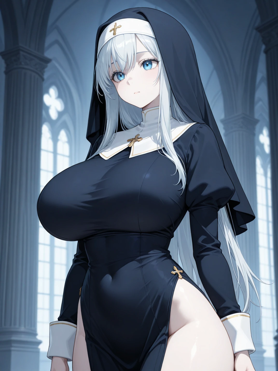 1girl,solo,(pale skin), blue eyes,demonic third eye,white hairs,very long hairs,large breasts ,priest,smile, church,indoor, halo,own hands together,underboob,open cloth,(areola slip),