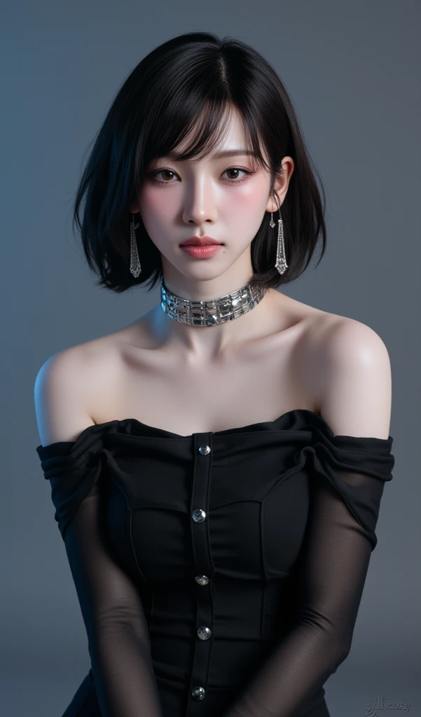 1 Rotation, Black hair, Short hair, Shiny hair, long eyelasher, Crystal earrings, Earrings, Verism, Cinematic lighting, Fuji colors, tachi-e, croped, One-person viewpoint, Nikon, 135 mm, f/1.8, 8K, 4K, hdd, 1080p, A high resolution, Best quality, awardwinning, High quality, High details, Super detail, Textured skin, Anatomically correct, ccurate, masutepiece, retinas, NffSW,vests