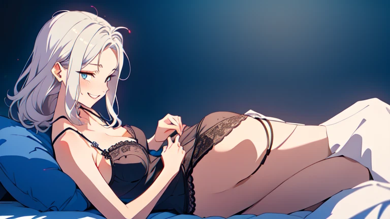 Rei Ayanami, teen, pink thong with white stripes, medium glutes, black lace bra, medium breasts, bedroom, smiling, sunrise, Back