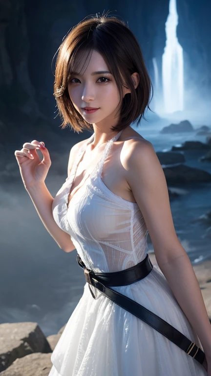 best qualtiy, tmasterpiece, Ultra-high resolution， （realisticlying：1.6）， RAW photograph， 1girl， bshoulders， in the darkness nigth， deep shading， low tune， cold light，looking to the camera， Sexy look， short detailed hair, inside the cave, waterfall background,

