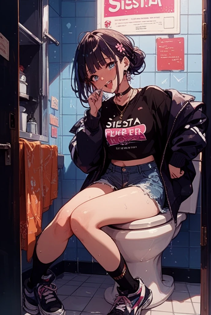 korean woman, seating on toilet, squatting, showing ass, thick thigh, urinating, pooping, public toilet, best quality, 4k, drunken, ponytail hair, smoking, 18years old, pale skin, off shoulder shirt, neckless, boots