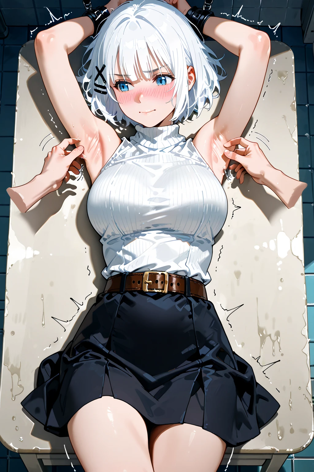 longeyelashes, detailed beautiful face, 4k quality, (arms behind back:1.5), bound arms, Red rope, blushing, , gag, gagged, shibari, bondage, close ups, best quality, highres, standing,high quality, best quality, masterpiece, absurdres, 1girl, blush, bedroom, sitting, vibrator in pantie, tears, embressed, spread legs, m_legs,,((kneeling, arms behind back, bound arm, bound wrists, bound legs, wrists behind waist, rope bondage, shibari over clothes)),(masterpiece:1.2), best quality,best quality,absurdres, highres, best quality, Botan, black top, fur-trim, oionlion ears, messy hair, skirt, messy hair, grey eyes, grey hair, long hair, black nails, sharp nails, dynamic pose, sexy pose, seductively smile, blush, hands behind back,in the jail,jail, girl hogtied, big butt, ballgag, girl is blushing, girl is laying on belly, lots of ropes, girl completely immobilized, girl helpless, arms tied up behind back, looking at camera