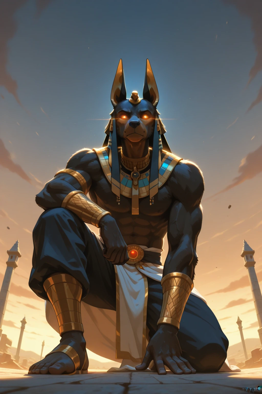 ultra-detailed, masterpiece, masterwork, high quality, best quality, hdr, (nature, pyramid, night), posted on e621, (by darkgem), nsfw, male, solo, (little body anubis), canine, (yellow eyes), sitting, dynamic angle, ((micropenis, foreskin, perfect balls))