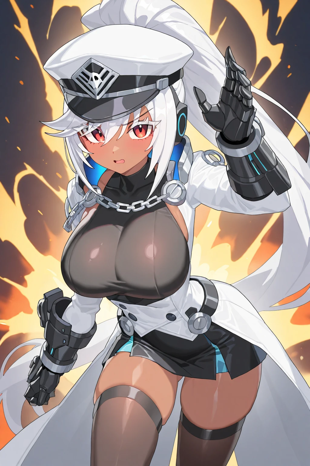 1girl, white hair, very short hair, red eyes, serious, glowing eyes, large breasts, thick thighs, athletic female, toned, leotard, black leotard, thighhighs, belt, knife, knifes, pantyhose, black pantyhose, hood, hood up, hood on, black hood,