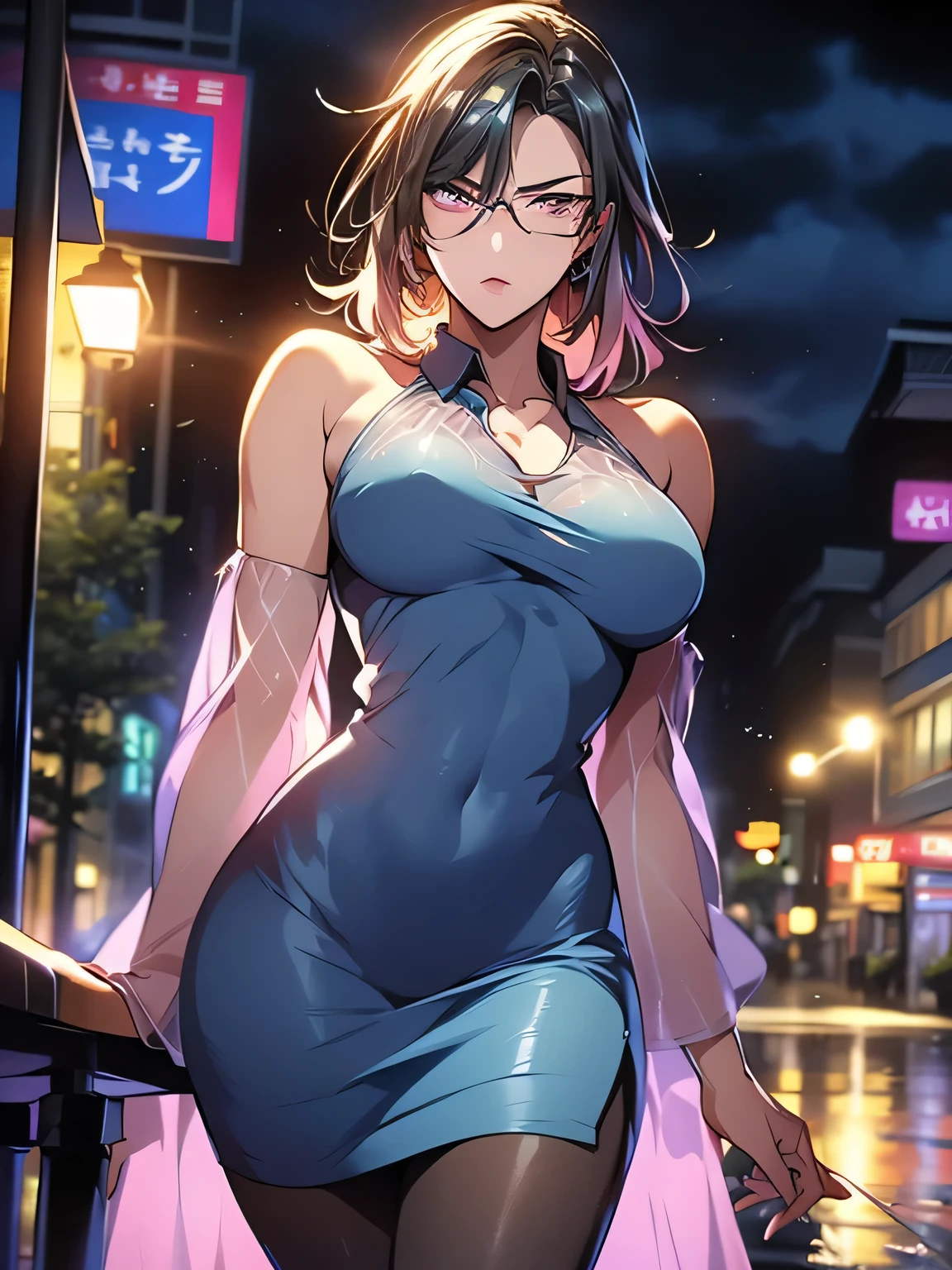 nsfw、animation、Highest image quality、high resolution、highest masterpiece、one woman、(((The moment I take off my glasses)))、silver hair、long hair、ponytail、((( remove the glasses)))、(((pink eyes)))、small breasts、(((slim figure)))、Light blue short dress、(((SEE-THROUGH DRESSES)))、(((tight miniskirt)))、sleeveless、(((my chest is transparent)))、angry amidst enemies、I'm biting my lip、(((heavy rain)))、wind、hair is wet、dark park bench、City Night、My face is wet、late at night in the park
