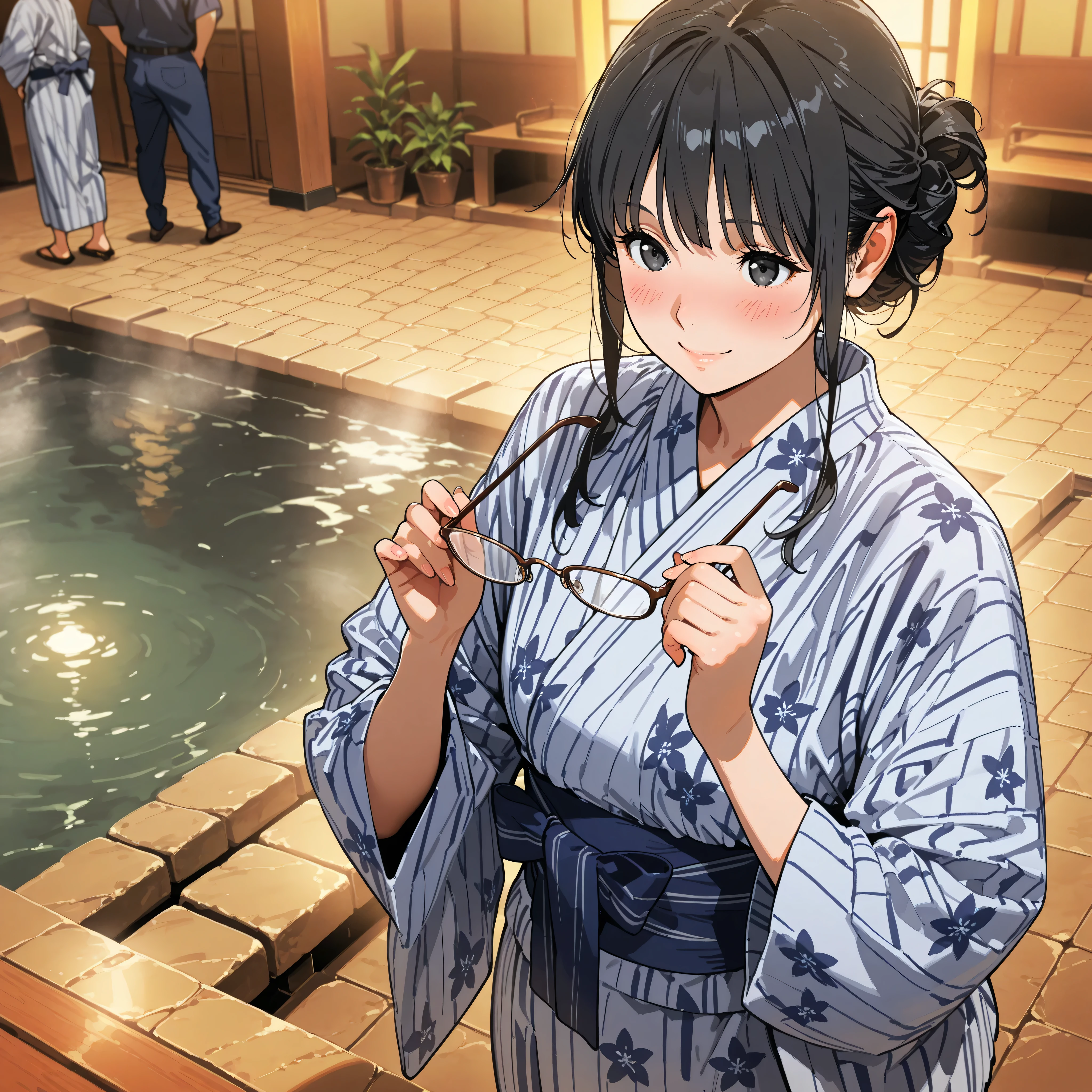 score_9 up the side, score_8_ up the side, score_7_ up the side, Masterpiece, top quality, source animation, photorealistic, super real, 8k,super detailed, extremely detailed,BRAKE Kiri Mikage、bun hair ,black hair ,black eyes ,glasses ,Ryokan Yukata ,standing ,holding glasses ,hotsprings ,blush,smile