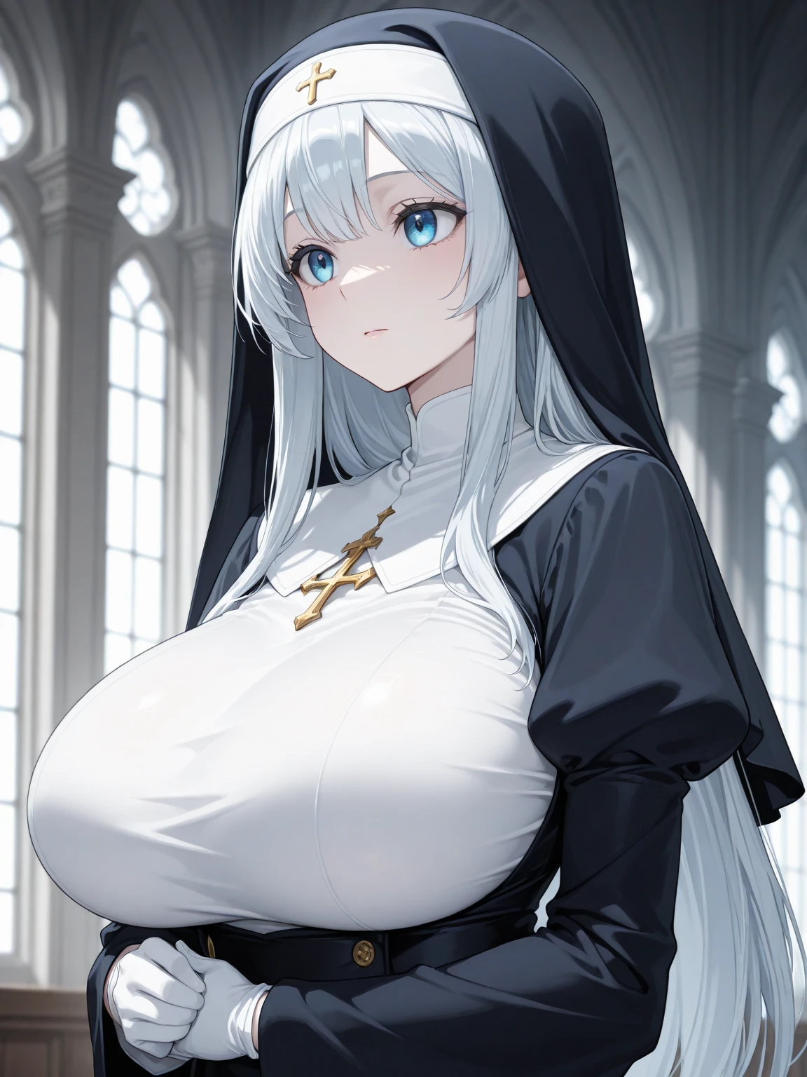 My name is Yukiko.I am a white test woman with long Sky blue hair,red eye color.I am 1.62 cm tall . My breasts measure 200 cm, my waist 40 cm and my hips 200 cm. Dressed in a nun's dress with the veil  . With big breasts 200 cm
