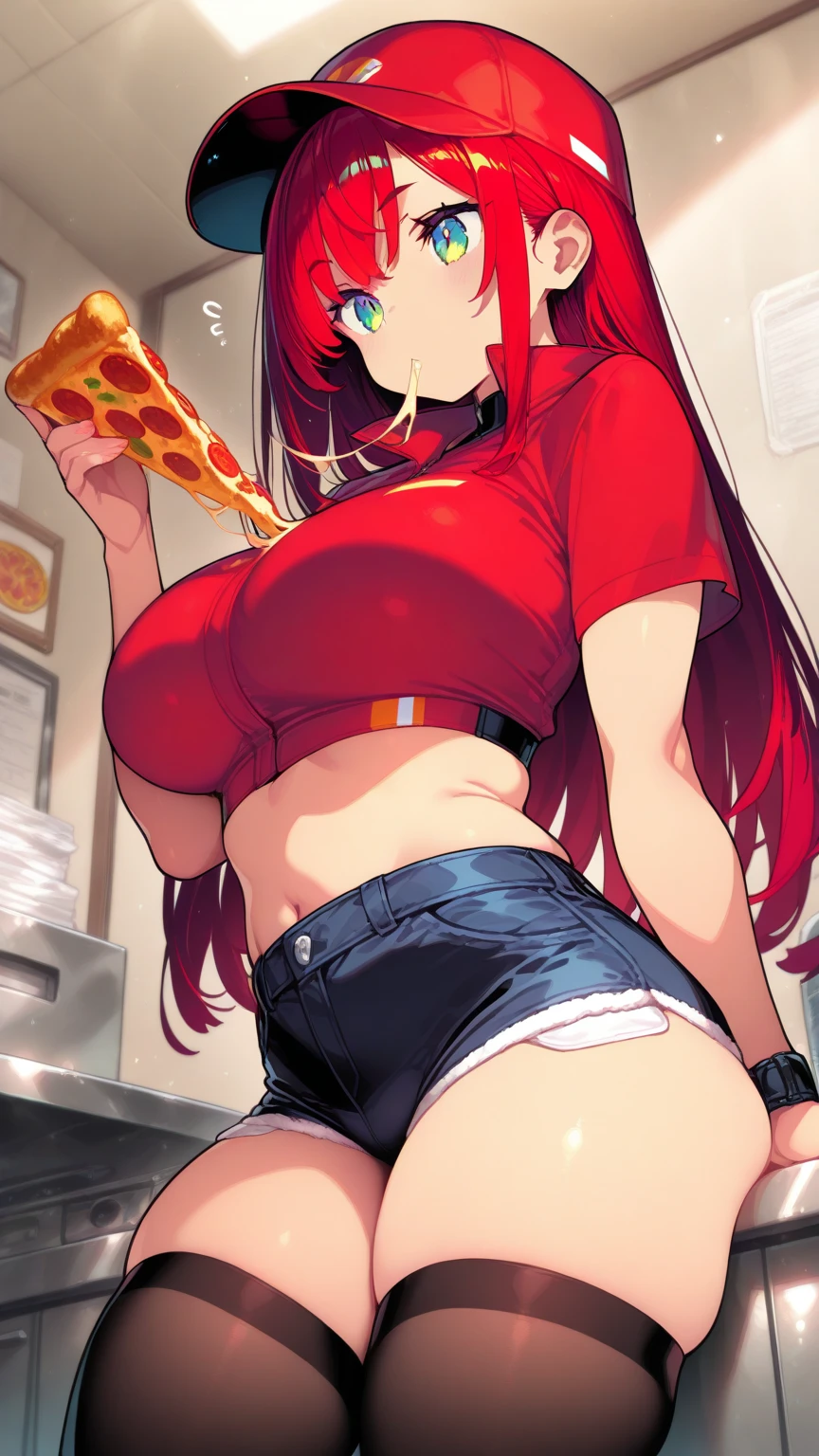 Brown-haired girl wearing a cape eating pizza at a pizza parlor　Wearing sneakers　High leg shorts with suspenders　Large Breasts　Showing her belly button　Ultra low rise　Knee-high socks　The cola is on the table　　