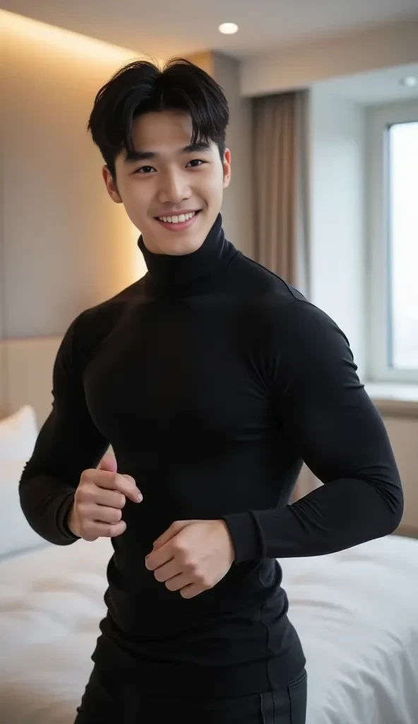 Japanese muscular male college student、Dark eyes and short black hair、A friendly smile、Low rise tight underwear、Showing briefs with little fabric、In the locker room in the evening、While pumping his fist、