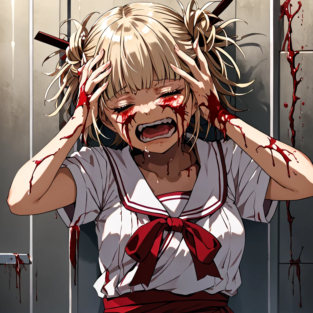Himiko toga cutting the veins in his wrists trying to commit suicide while crying and bleeding