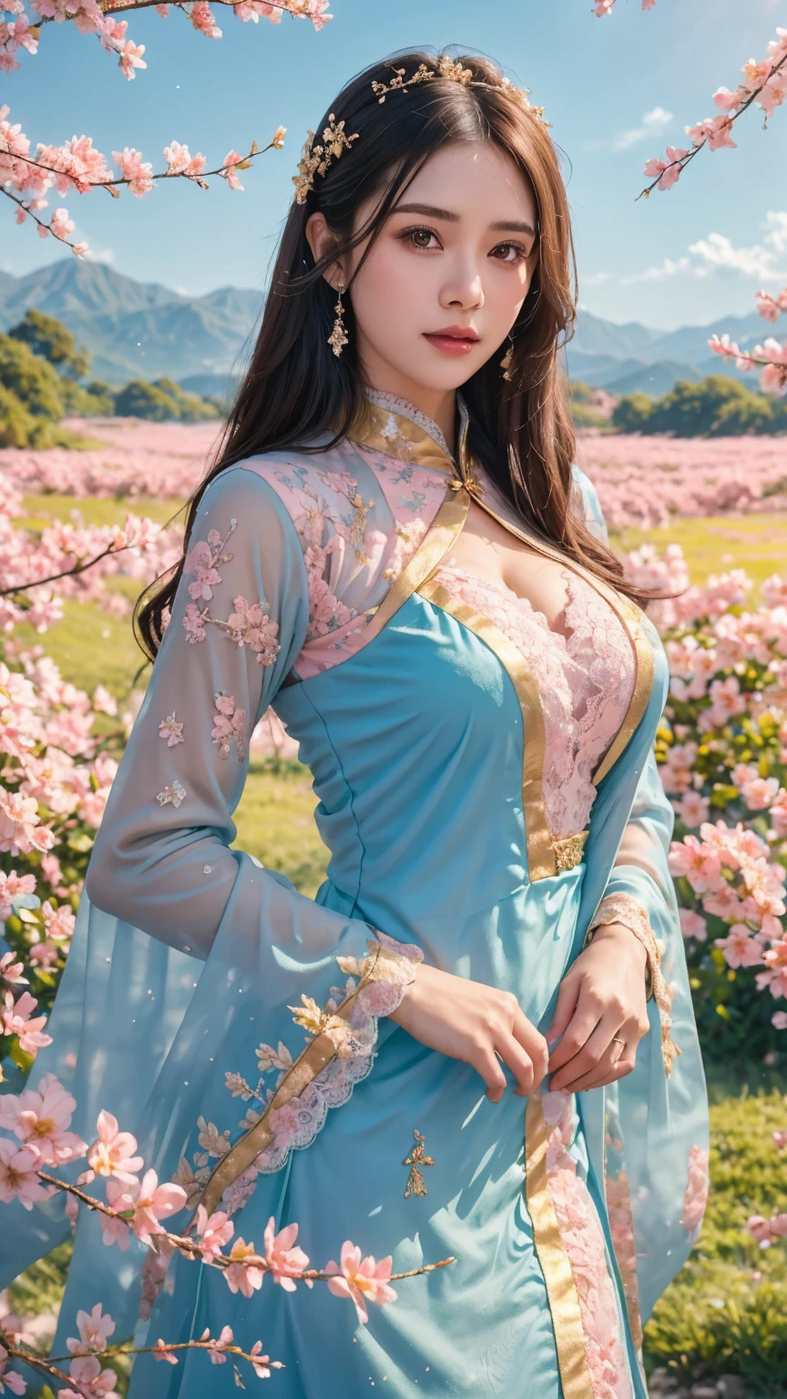 full body,full shot,sfw,russian goddess princess girl in the image of a geisha with big bright blue eyes and long fluffy eyelashes Nordic type with a perfect graceful figure and very long and fluffy wavy hair of bright wheat colour stands in full growth on the alley against the background of blooming Japanese pink sakura in Japanese kimono colour bright navy blue and Japanese shoes gane colour bright navy blue, Girl's lace kimono with intricate patterns with frank cutouts ultra short frankly sexy, Small breasts with protruding are viewable through the fabric and in the girl's ears are beautiful long delicate ear-rings with precious sapphires that shimmer and sparkle in the light The ground on which the girl stands is lavishly strewn with cherry petals, the scene is highly artistic, high resolution, sharp focus, artistic style Migjorni-V5, hyperphotorealism, perfect proportions, golden ratio photo, flare, outline, sunlight, soft glow, soft focus, photography style soft focus through a Monocle lens.