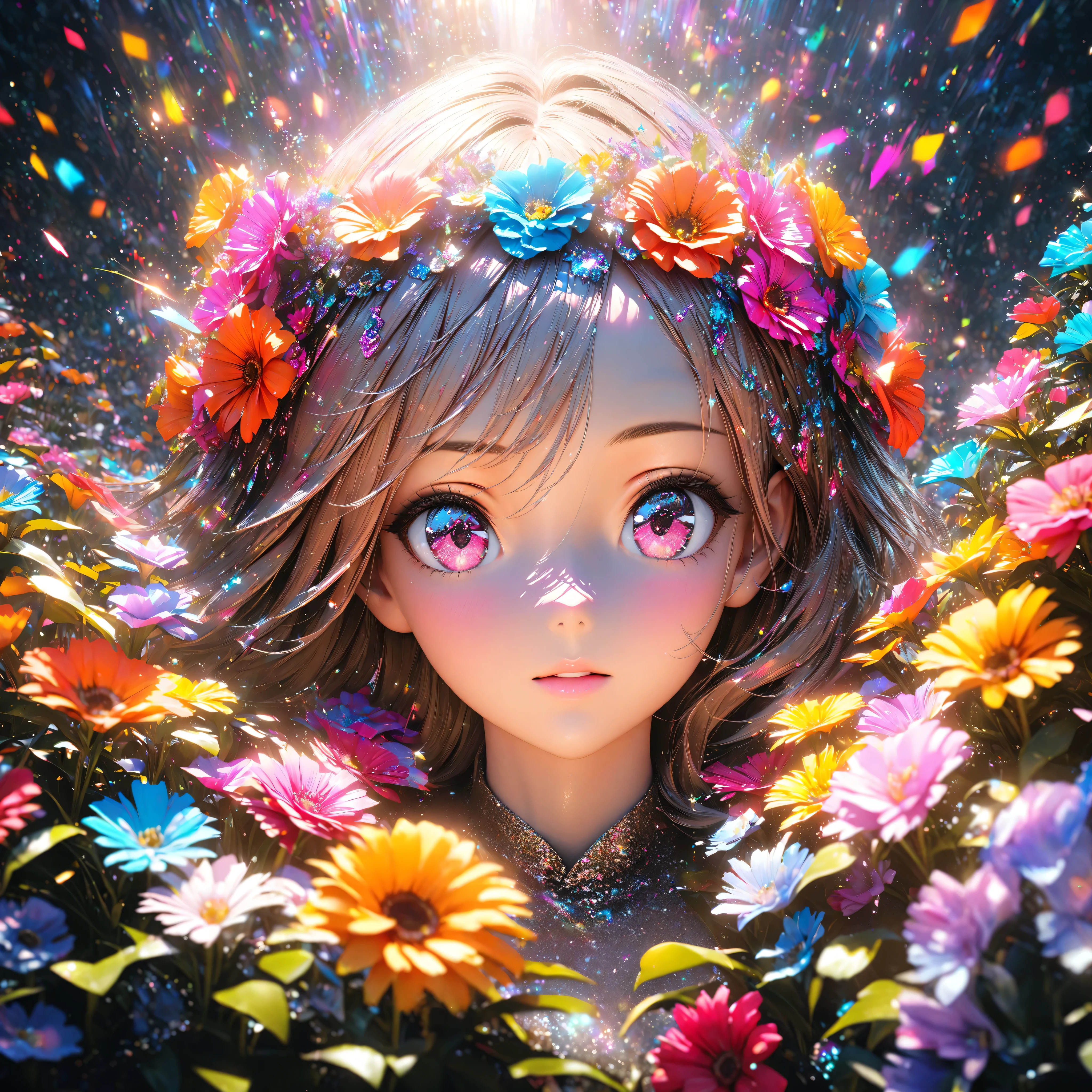  High quality, ultra hd, high resolution , ultra realistic, 8 k , masterpiece design, beautiful women and beautiful colorful flowers , beautiful effect, Glitter, cinematic lighting 
