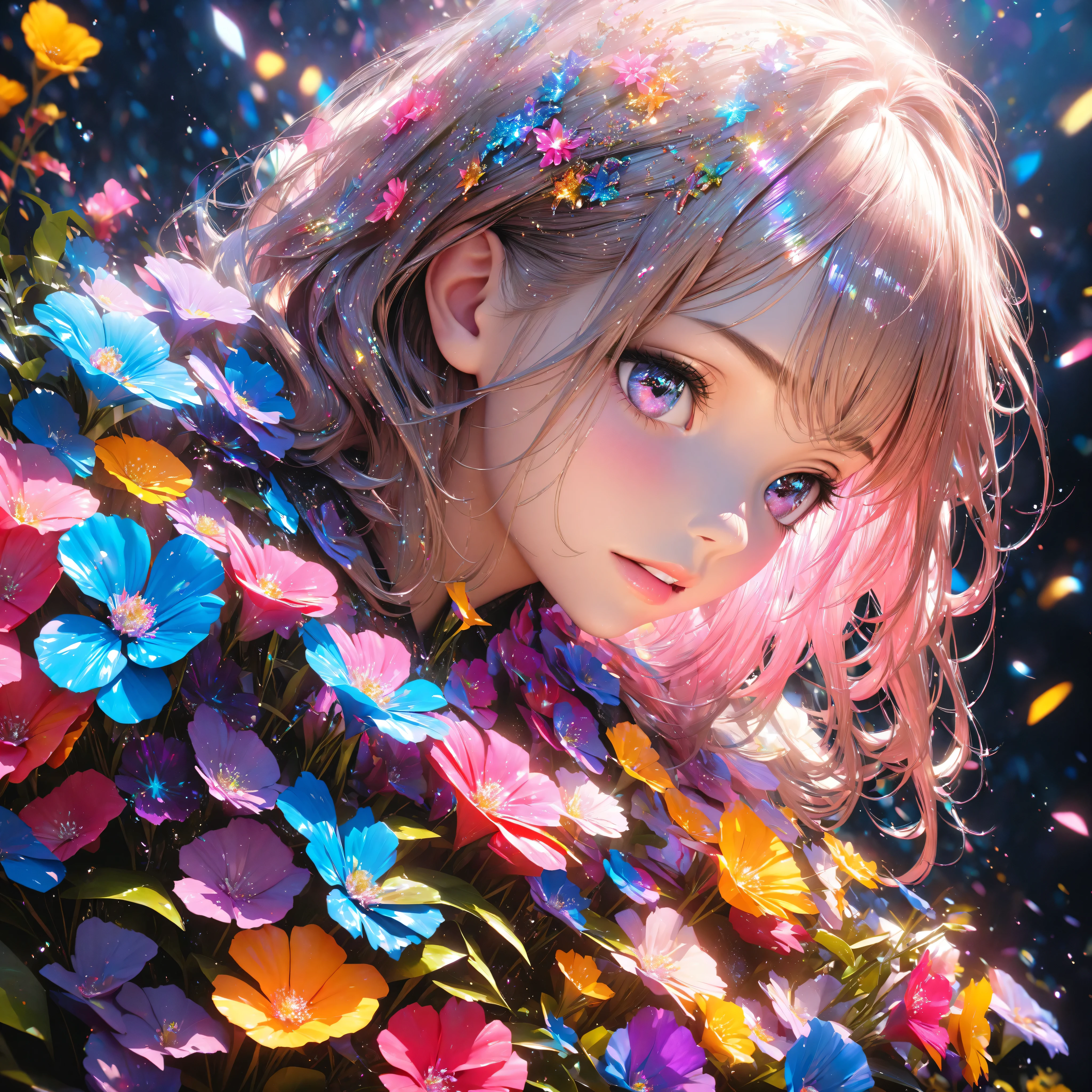  High quality, ultra hd, high resolution , ultra realistic, 8 k , masterpiece design, beautiful women and beautiful colorful flowers , beautiful effect, Glitter, cinematic lighting 
