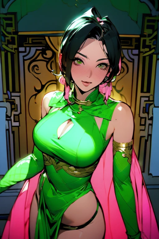 NSFW,masterpiece, super fine illustration, best quality, light particles, ultra-detailed, 8K wallpaper, (bright colors:1.2), 
 official+++, amazing fine details, delicate linestailed face, high resolution, all intricate, line drawing, awesome  many layers,
 (1 mature woman), huge breasts, sagging breasts, nipple stand, shiny skin, open clothes, (topless), extremely beautiful eyes,
 shiny eyes, (fucked silly), ((orgasm face)), (ahegao), O-face, blush cheeks, tongue out, (saliva), (crying), (tears), (pubic hair:1.3),(arched back),
 nsfw, tall, glamor, ((showing armpits)), ((lift up skirt)), thighhighs, thigh_gap, skindantation, looking at viewer, 
 (voluptuous), pink neon trim,  (extremely wrinkled shiny clothes reflecting light), fusion of satin and latex fabric ,skin fit,
 erotic lips, extremely shiny fabric, gleaming skin, sweat, wet,
 glamorous perfect female proportion, erotic lips, eyeshadow, mature woman, (focus on woman), 

(eyes wide open, sanpaku eyes:1.3), considerable strabismus, (Right eye looks left, left eye looks right:1.5), unfocused eyes, looking in the wrong direction, mouth open involuntarily loudly, intensely blushing red face, (protruding long tongue:1.3),

(vaginal penis), missionary position, ((1man and 1woman,having sex:1.6)),man on top,lying in bed,bird’s eye view, (woman spread legs:1.4), (intense Sex:1.7), (cum out:1.2)), (focus on woman),

jade (dq11),high ponytail,
o-ring top,
PURPLE EYES, black HAIR, VERY LONG HAIR, PONYTAIL, HAIR SCRUNCHIE, GREEN CHOKER, O-RING TOP, TANK TOP, SLEEVELESS, FINGERLESS GLOVES, GREEN GLOVES, WAIST CAPE, BLACK SHORTS, GREEN BELT, BOOTS,
