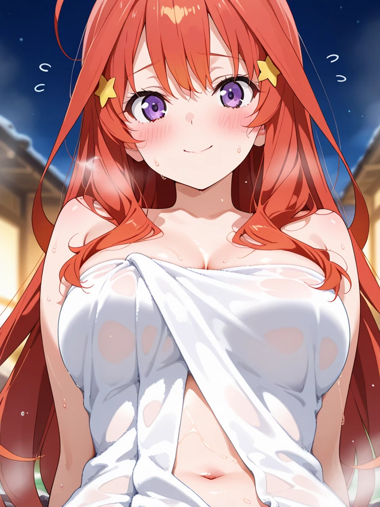 ((top-quality)), ((masterpiece)), ((ultra-detailliert)), (extremely delicate and beautiful), Itsuki Nakano、long red hair、Star-shaped hair ornament、Ahoge、huge tit、(bra very、pantiy)、(red blush:1)、is standing、耳Nipple Ring、a smile、(A sexy)