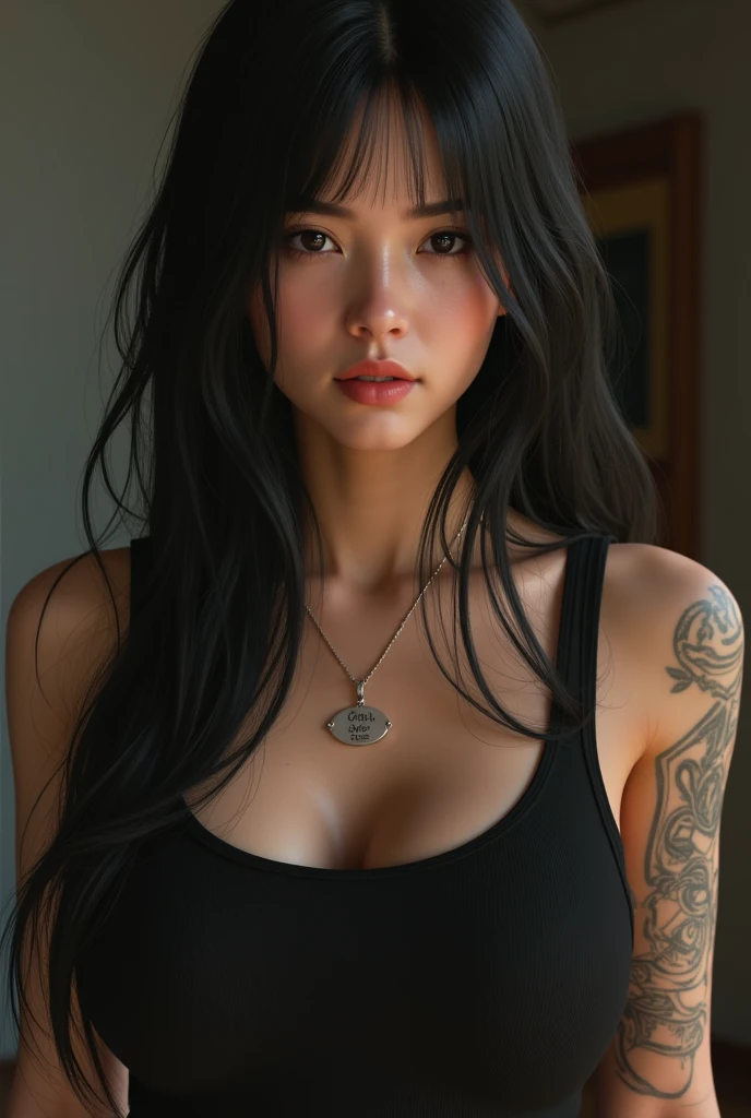 A closeup of a beautiful woman with a tattoo on her arm, menina atraente, Foto de perfil do headshot, cabelo e maquiagem escuros, cabelo escuro maravilhoso, with pale skin, pale glowing skin, She has black hair, messy black hair, pale fair skin!!, menina com cabelo preto, Kaitlyn Michelle Siragusa, cabelo preto rosto bonito, pale skin!, cabelos escuros